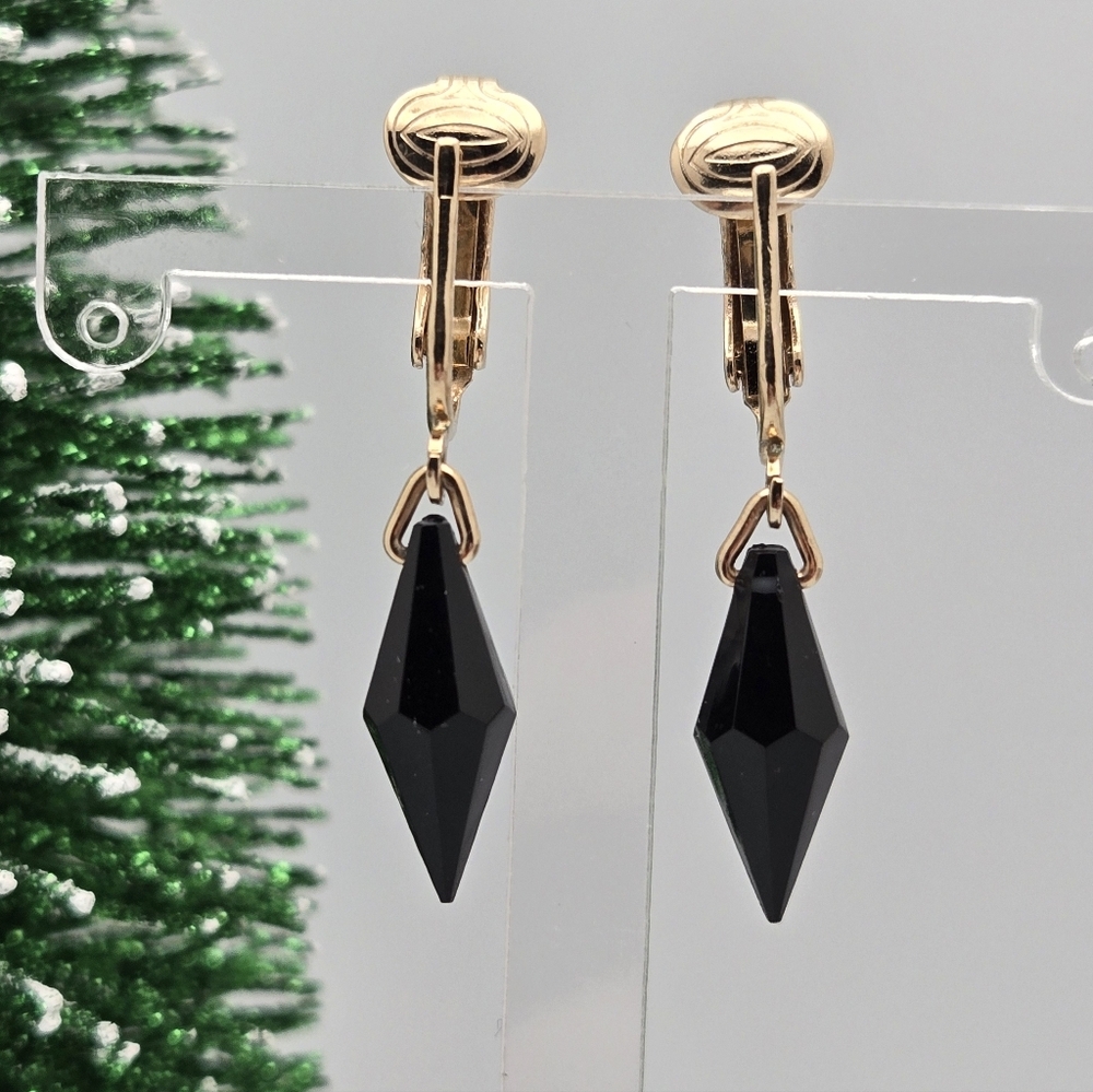 Vintage Sarah Coventry Gold-Tone Clip-On Earrings Black Crystal Dangle